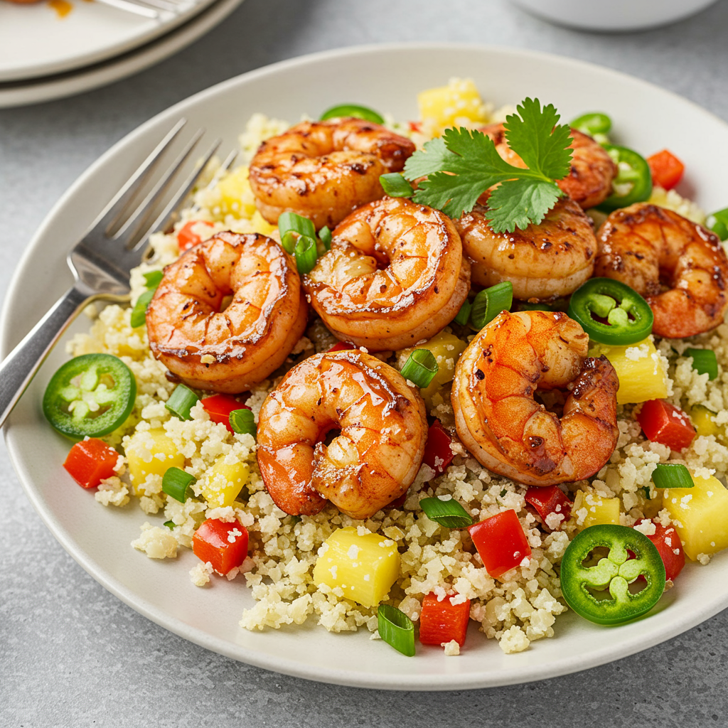 1. Camarones caribeños clásicos con arroz de coliflor