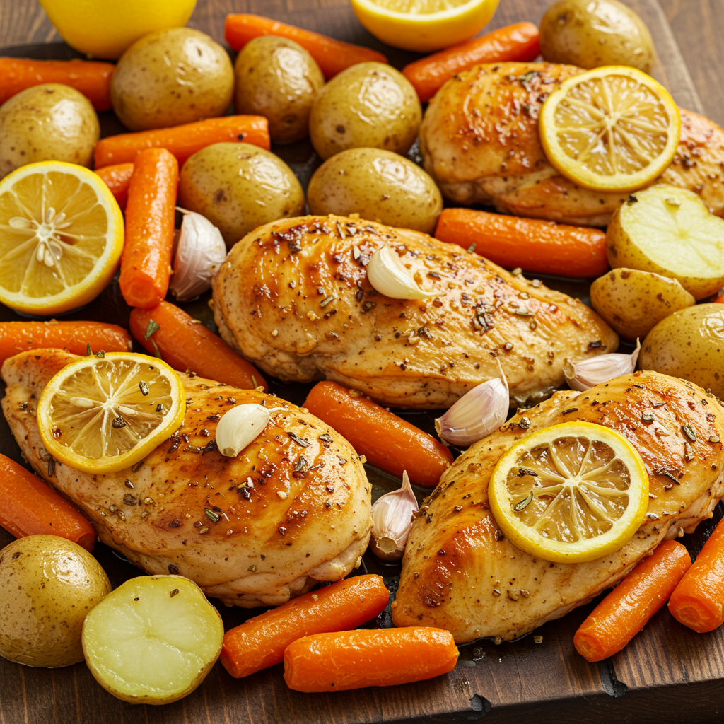 2. Pollo y verduras al limón y ajo en una sola sartén