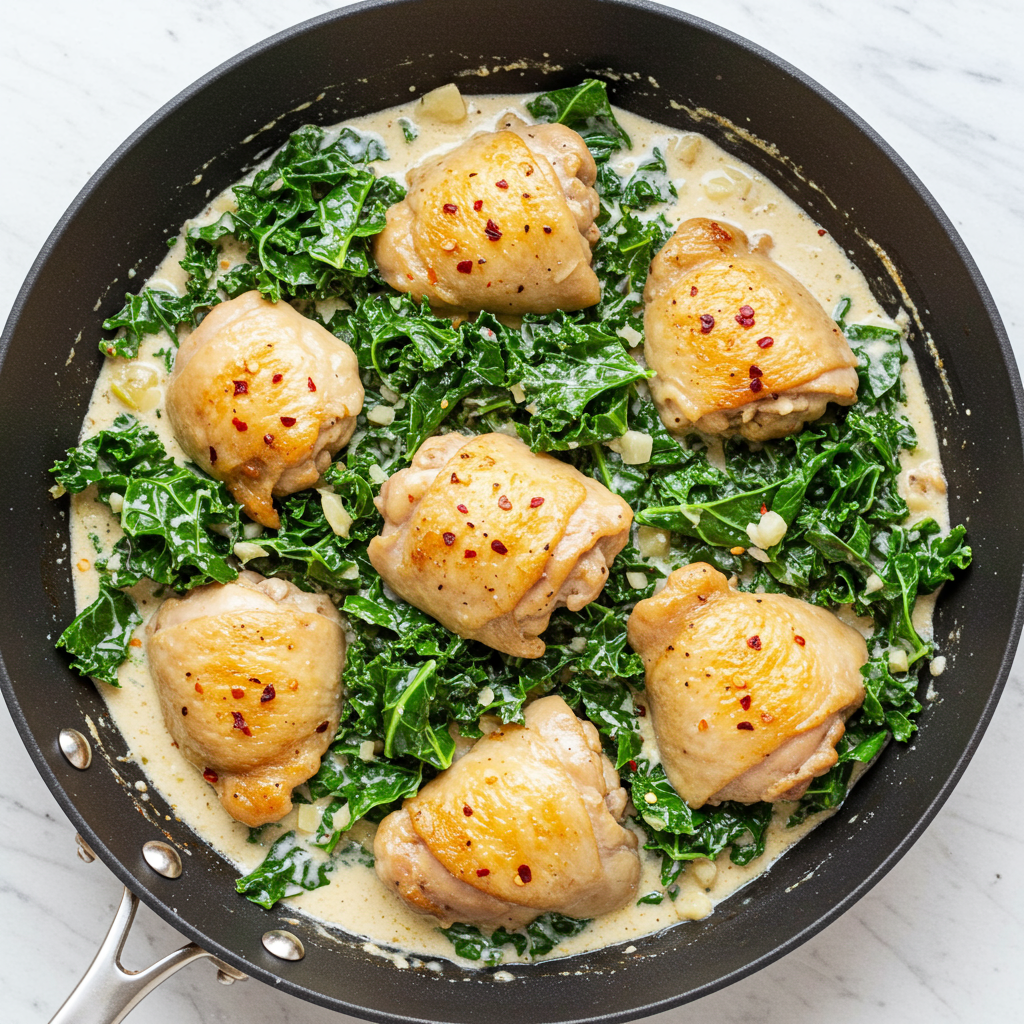 3. Sartén cremosa de pollo y col rizada sencilla