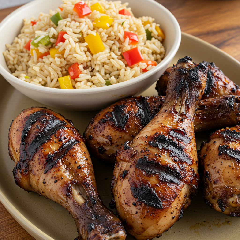 4. Muslos de pollo jerk a la parrilla con arroz caribeño