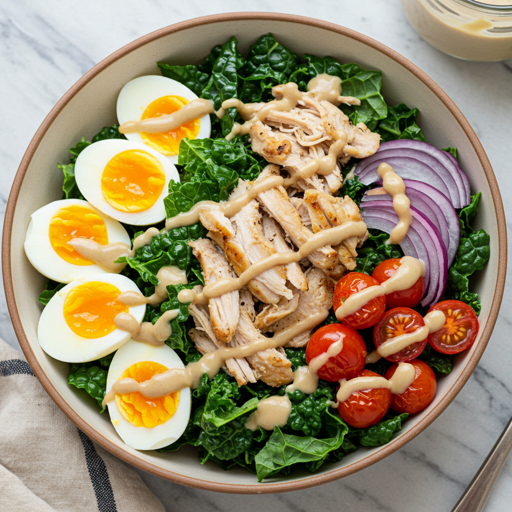 5. Tazón de ensalada de col rizada con pollo y tahini