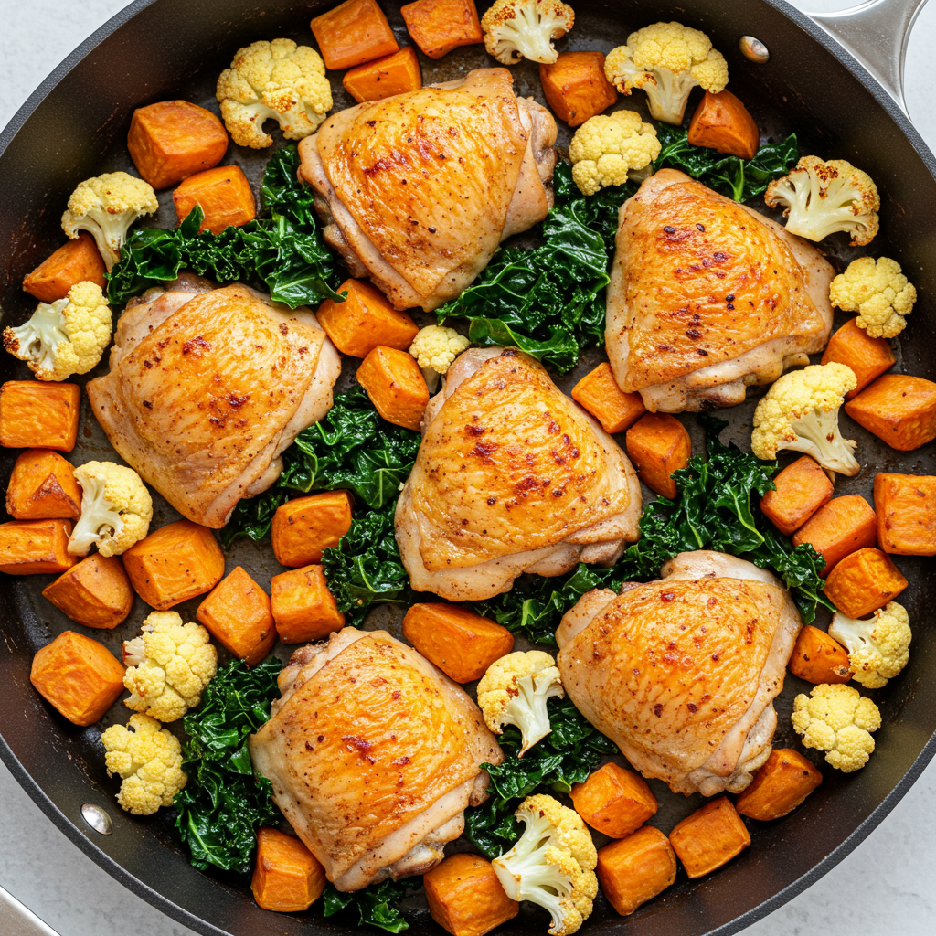 11. Pollo y col rizada asados ​​en una sola sartén con batatas