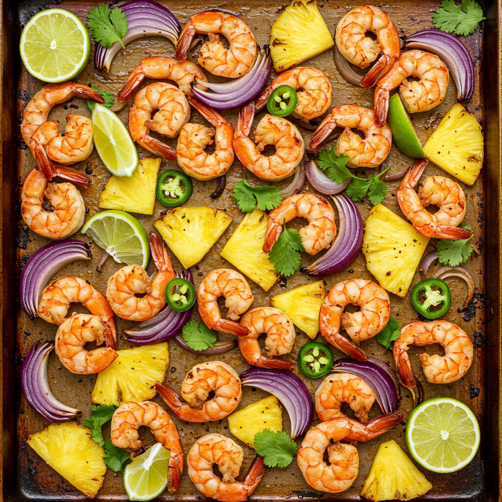 14. Camarones jamaicanos jerk en sartén con piña