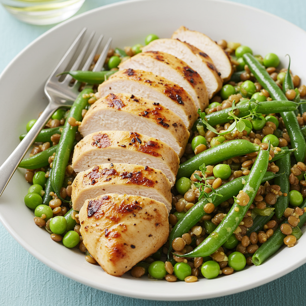 16. Pollo a la plancha con ensalada de lentejas con mostaza