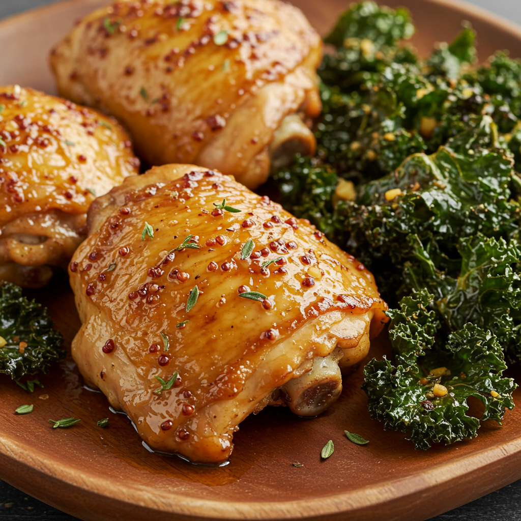 17. Pollo con mostaza y miel y chips de col rizada asada