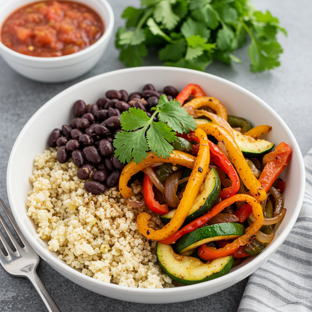 17. Tazón de fajitas veganas con arroz de coliflor