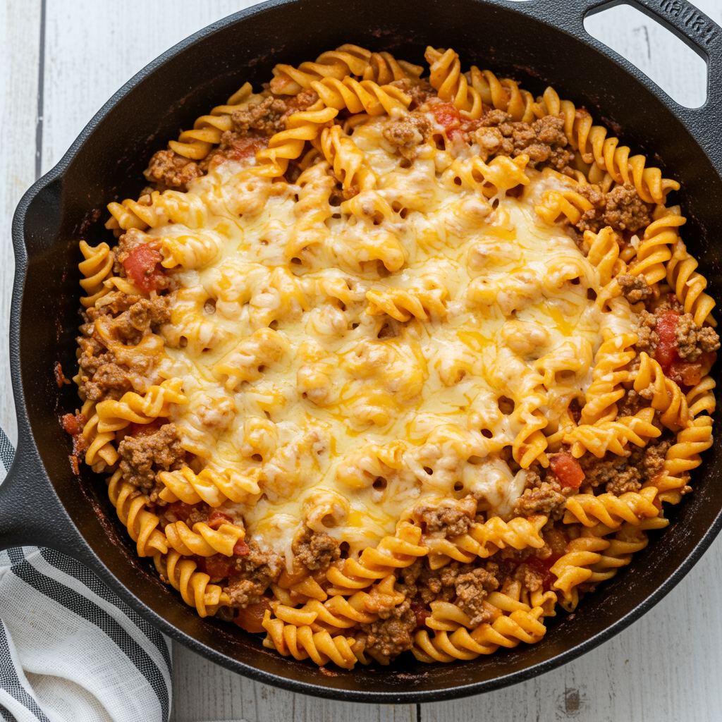 2. Pasta con carne molida y queso en sartén