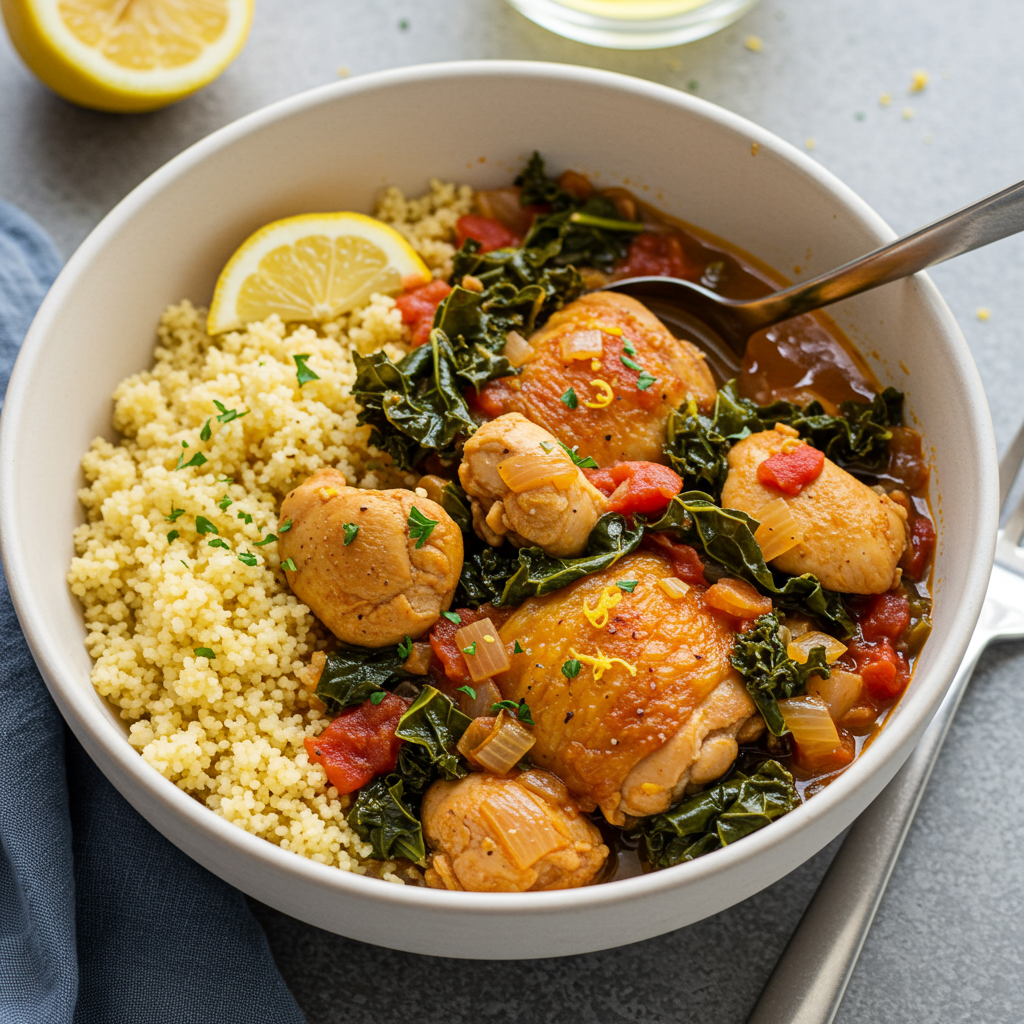 21. Estofado de pollo al limón y col rizada