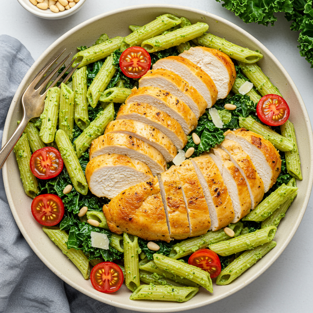 23. Pasta con pesto de pollo y col rizada