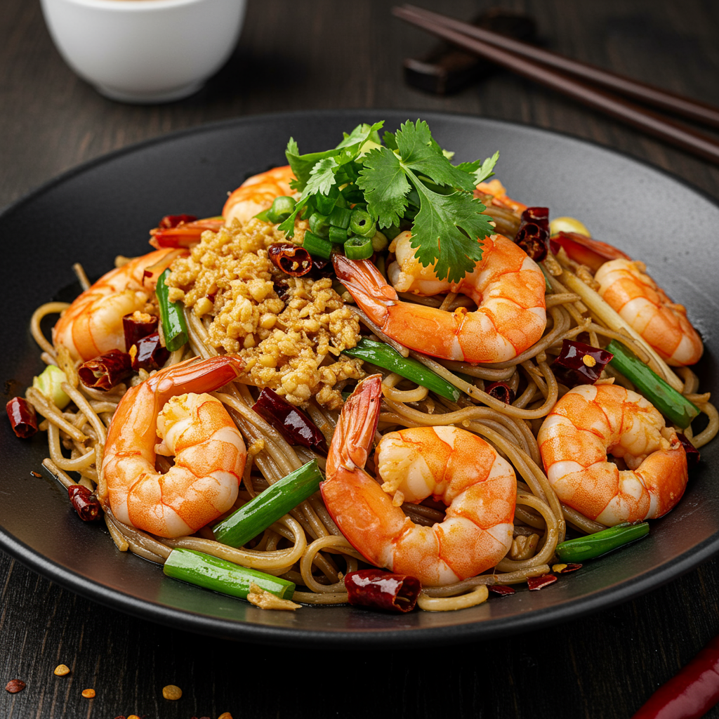 24. Fideos de camarones al estilo Szechuan