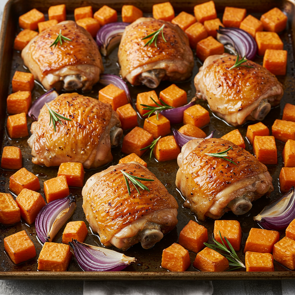 1. Pollo asado glaseado con arce y batatas