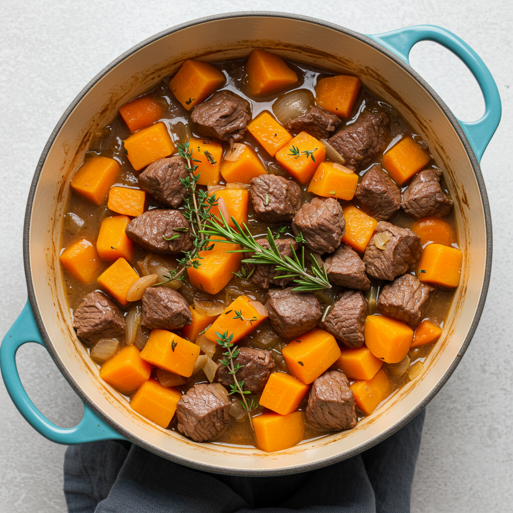 1. Estofado de carne de res y calabaza cocida a fuego lento