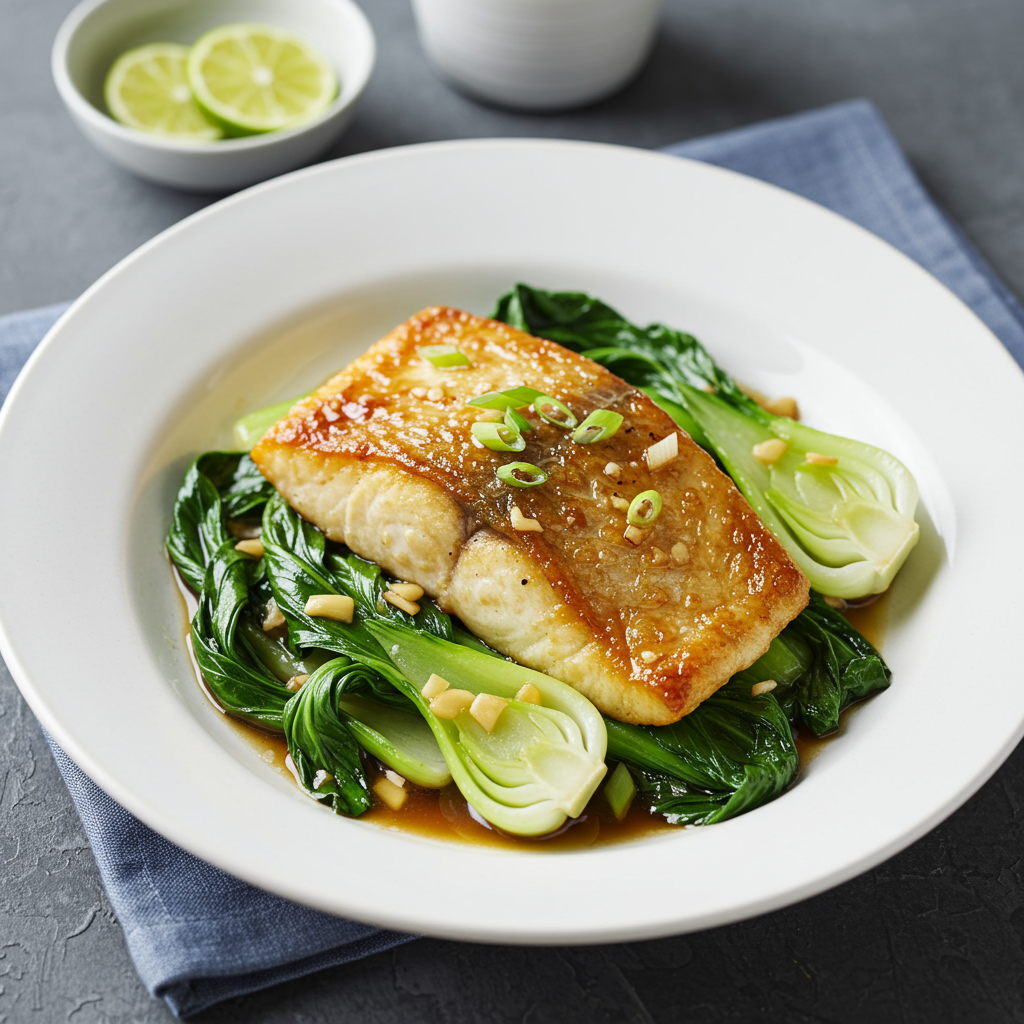 25. Lubina glaseada con miso y hojas de jengibre