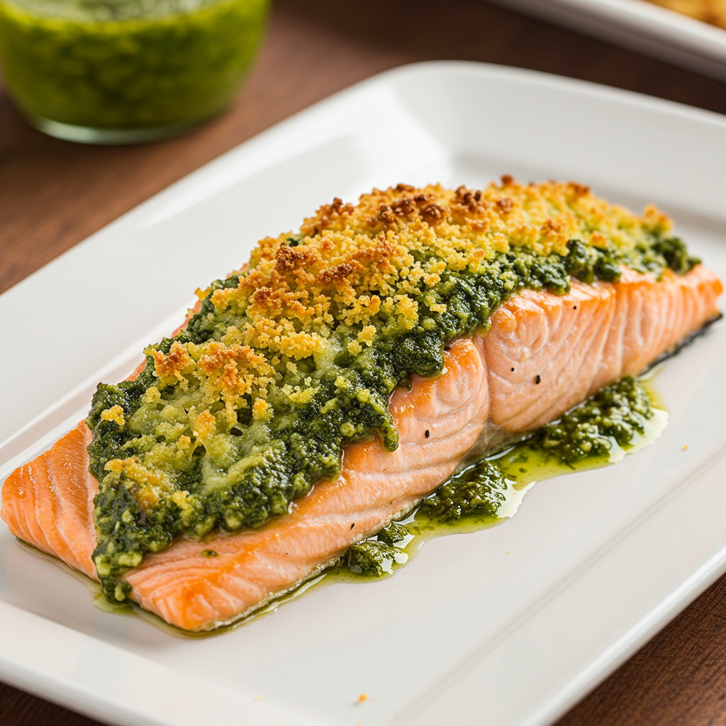 3. Salmón con costra de pesto y parmesano