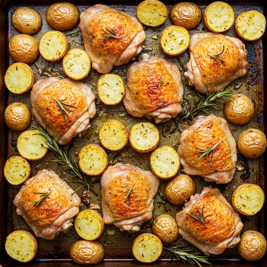 Pollo con mantequilla de ajo y papas en una sola sartén (para 10 personas)