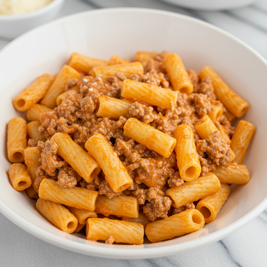 5. Pasta cremosa rápida con tomate y carne