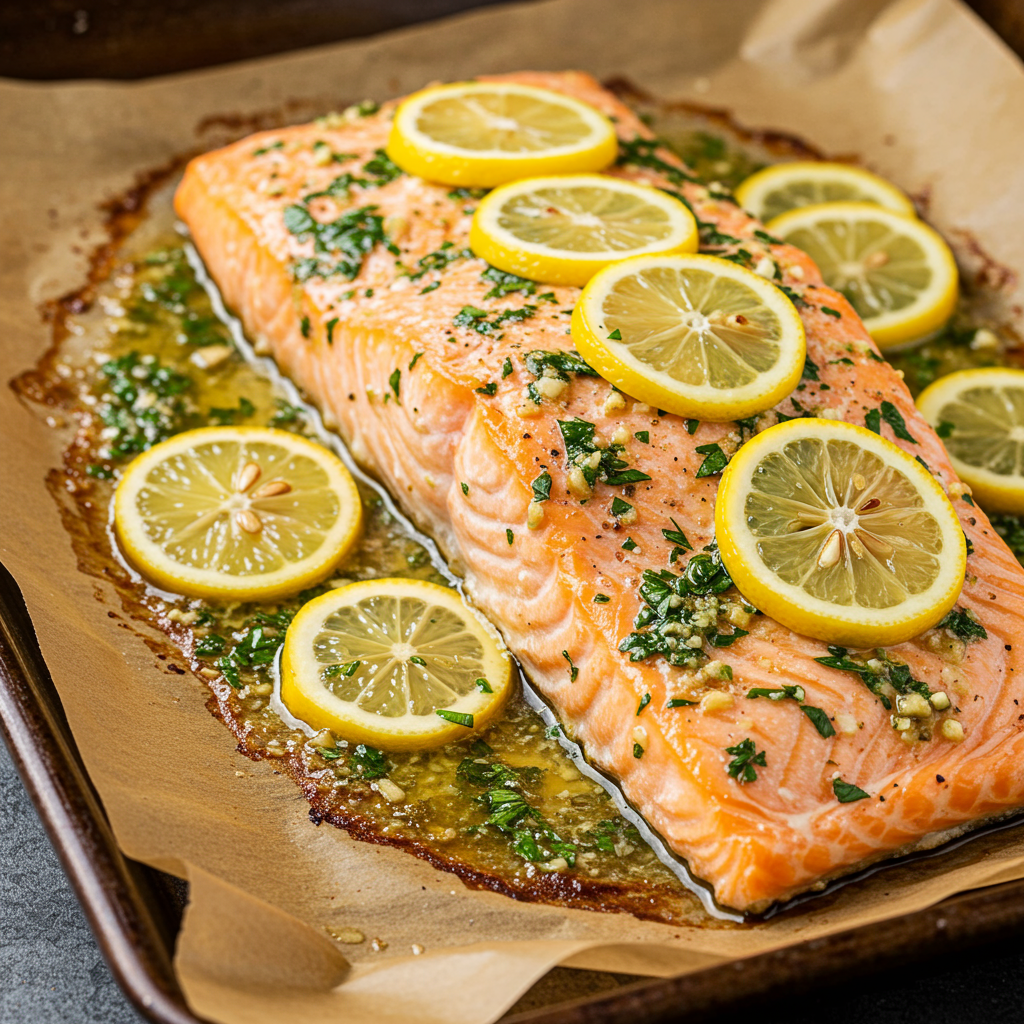 1. Salmón al horno con mantequilla de ajo y limón