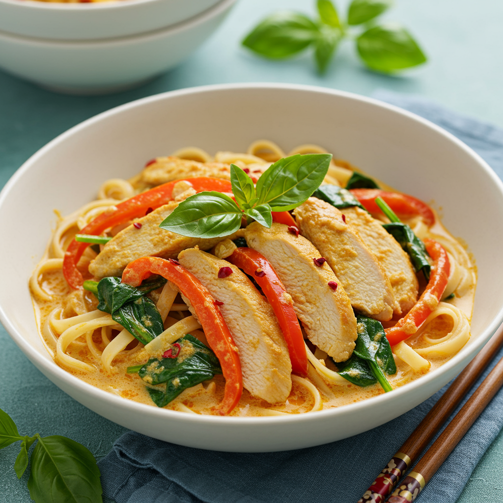 6. Fideos cremosos de pollo al curry con coco