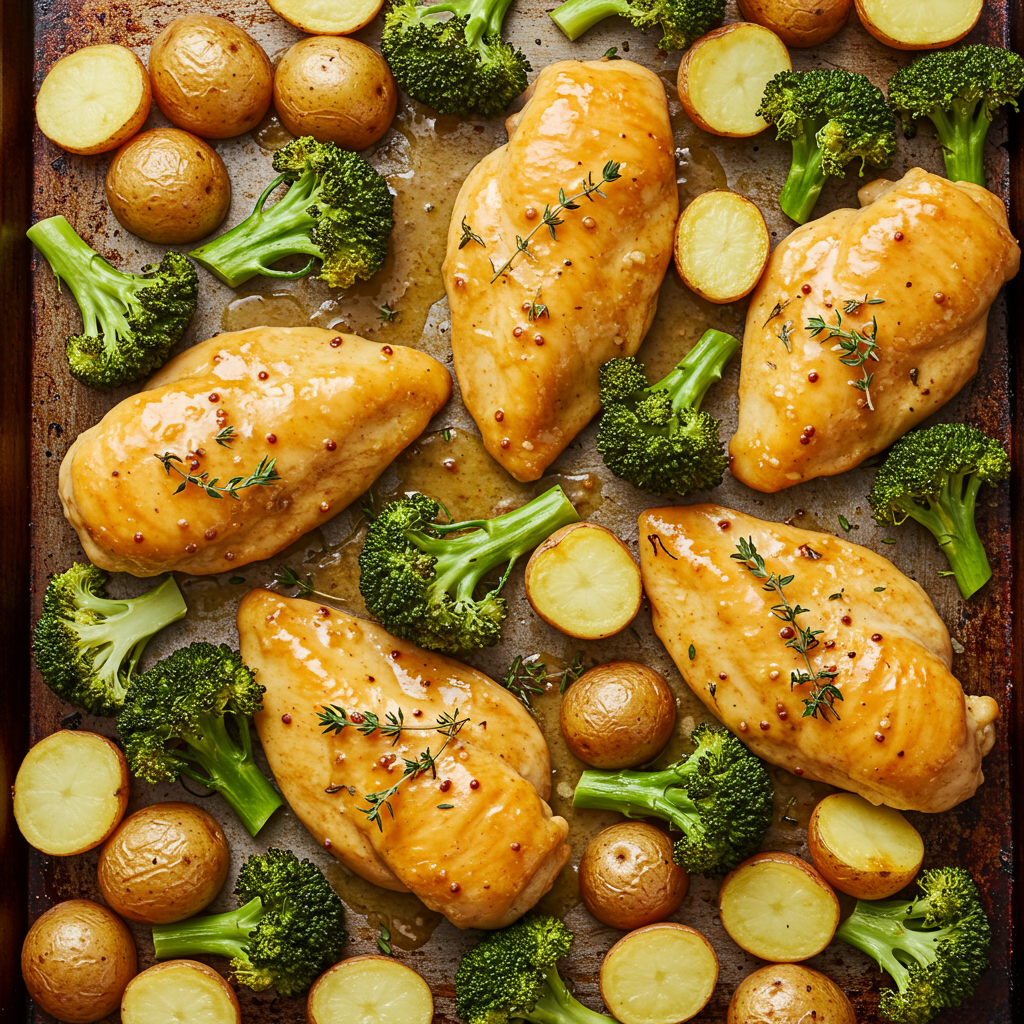 8. Pollo y verduras con mostaza y miel en bandeja para hornear