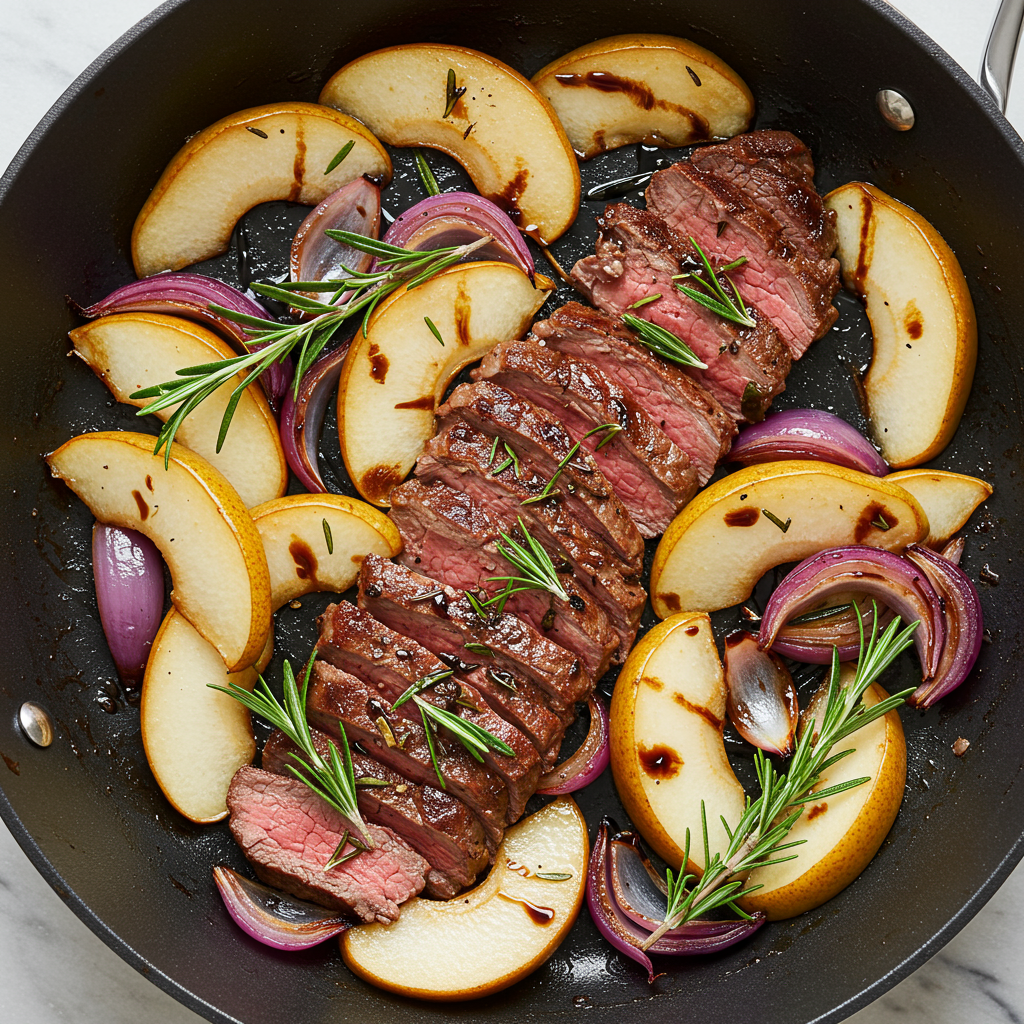 9. Sartén de carne y pera con romero