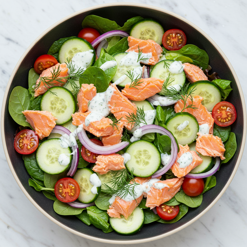 2. Ensalada Fresca de Salmón Ahumado y Aderezo de Eneldo