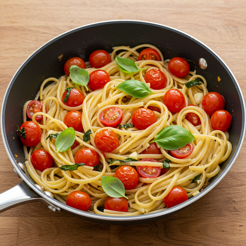 5. Pasta “Todo en Uno” con Tomates Cherry y Albahaca