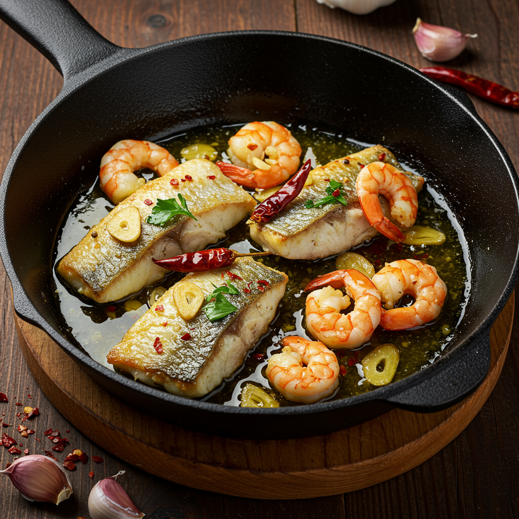 7. Merluza al Ajillo con Gambas