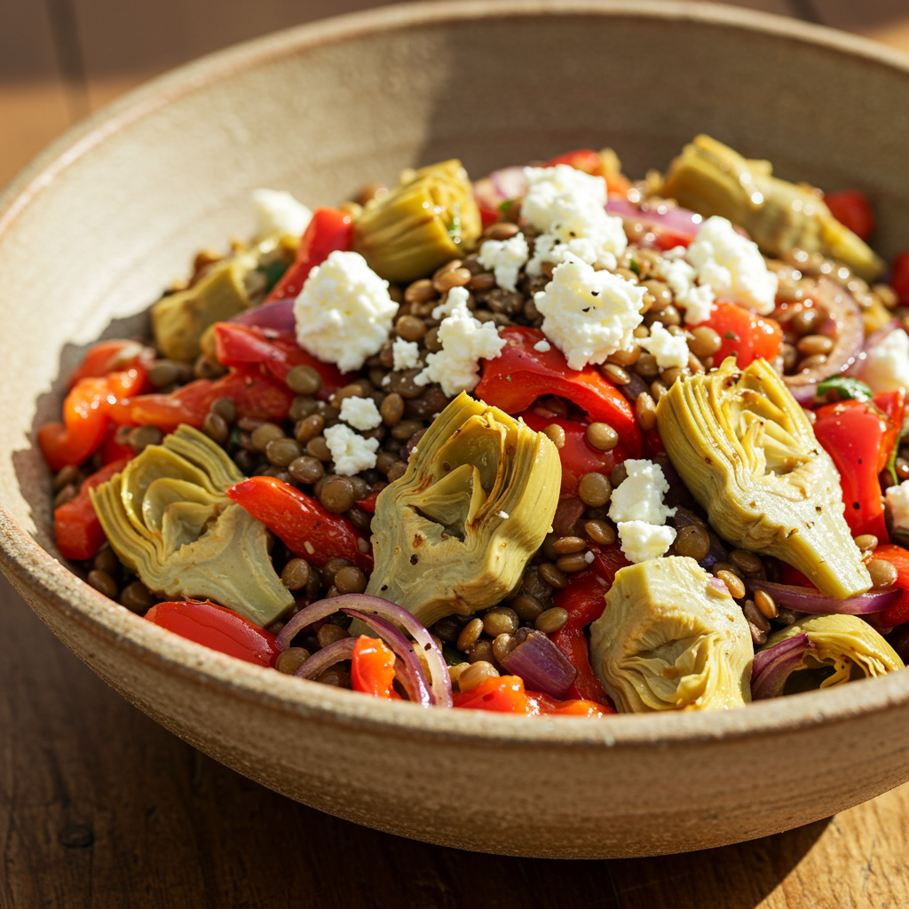 10. Ensalada Tibia de Lentejas con Alcachofas Asadas