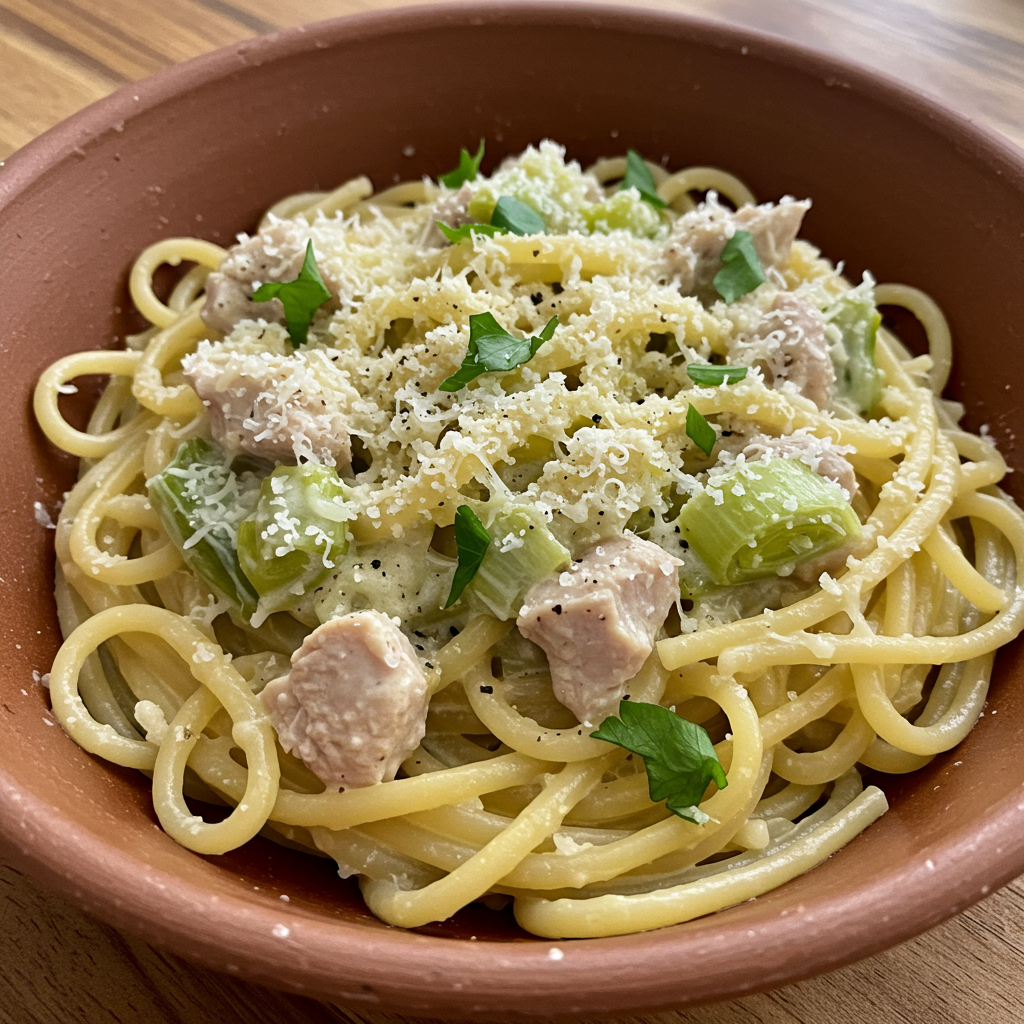17. Pasta con Salsa Cremosa de Puerros y Pavo