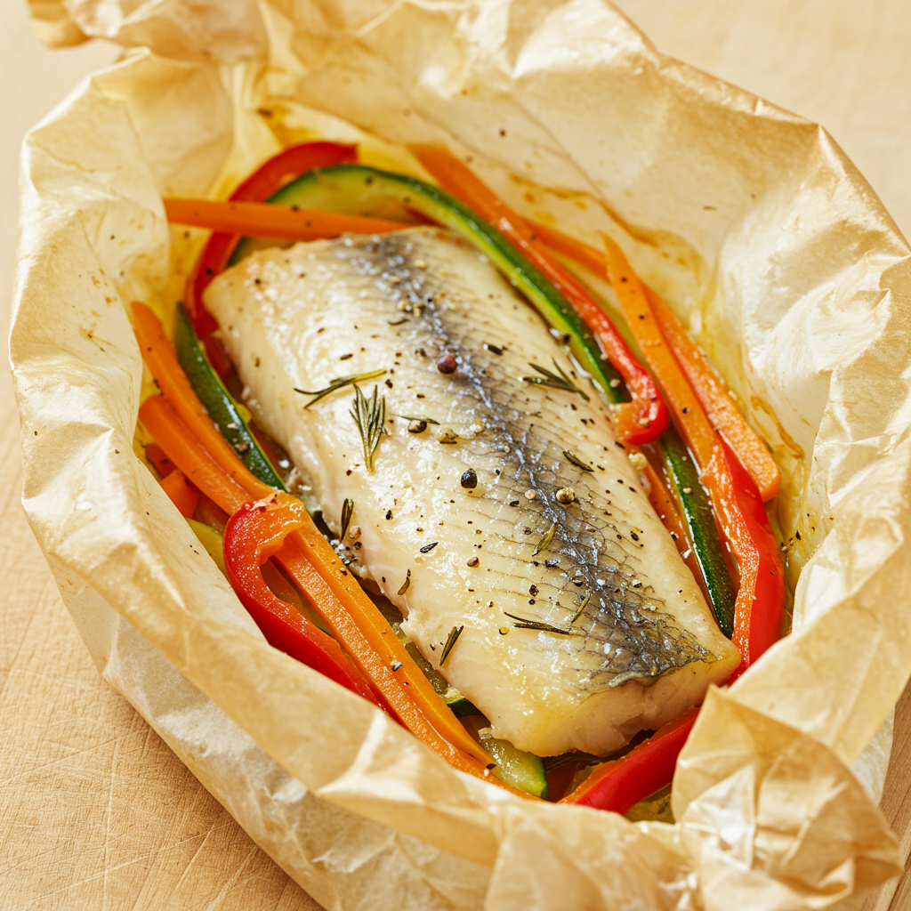 23. Merluza en Papillote con Verduras Julienne